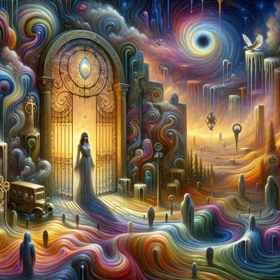 The primary subject of the image is a woman dressed in a white gown, standing in front of a large, ornate door. The setting is a surreal, fantastical landscape with a variety of colorful and whimsical elements. The visual style is a combination of digital art and illustration, creating a vibrant and imaginative scene. The colors and mood of the image are predominantly warm and inviting, with a touch of whimsy and fantasy.
